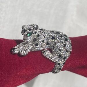 Crystal Panther Cat Ring with Black Onyx and Emerald Green Eyes 925 Silver
